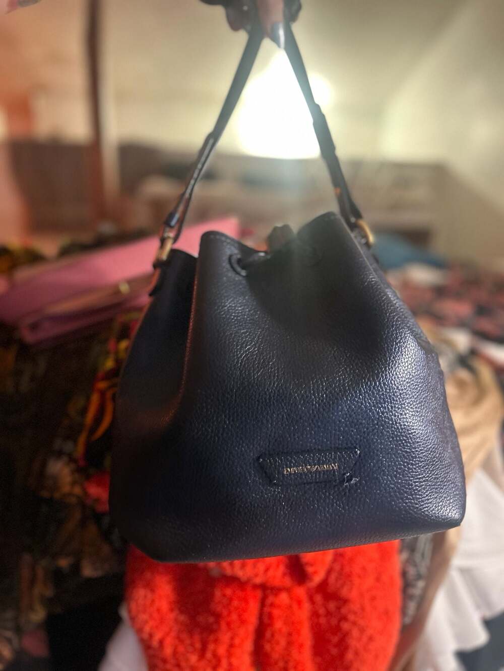 Emporio Armani Black Pebbled Leather Drawstring Bucket Bag